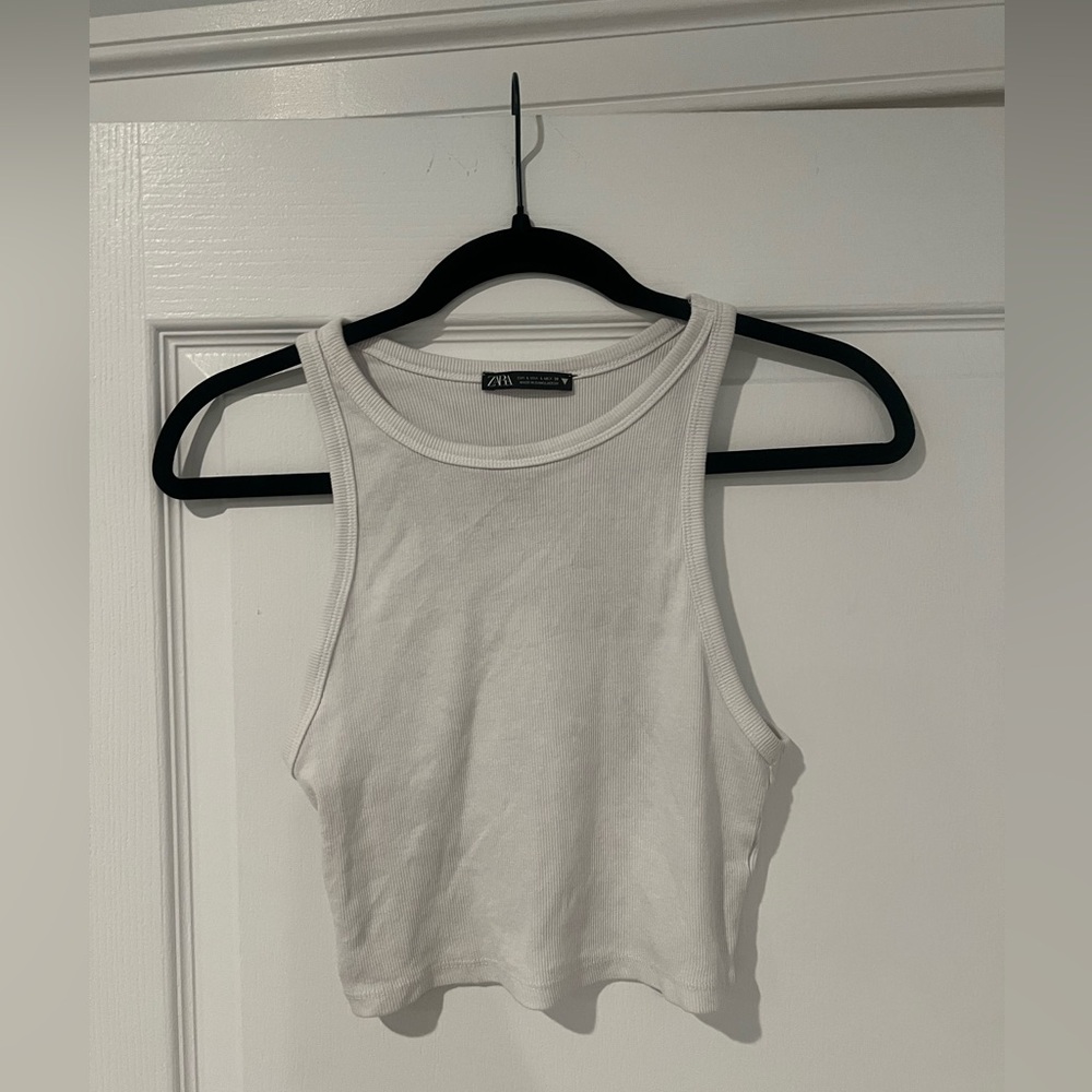 Zara White Sleeveless Fitted Crop Tank Top